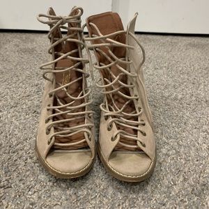 Taupe lace up peep toe booties